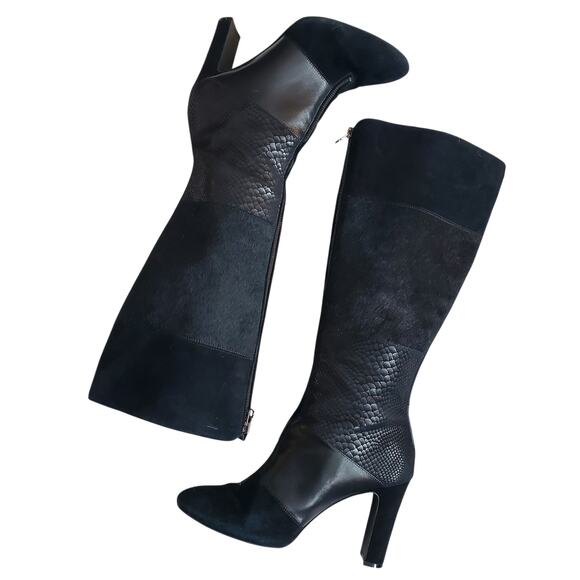 Anne Klein Shoes - Black Leather Boots Calf Hair Suede Snakeskin Zip Front Anne Klein - 9.5